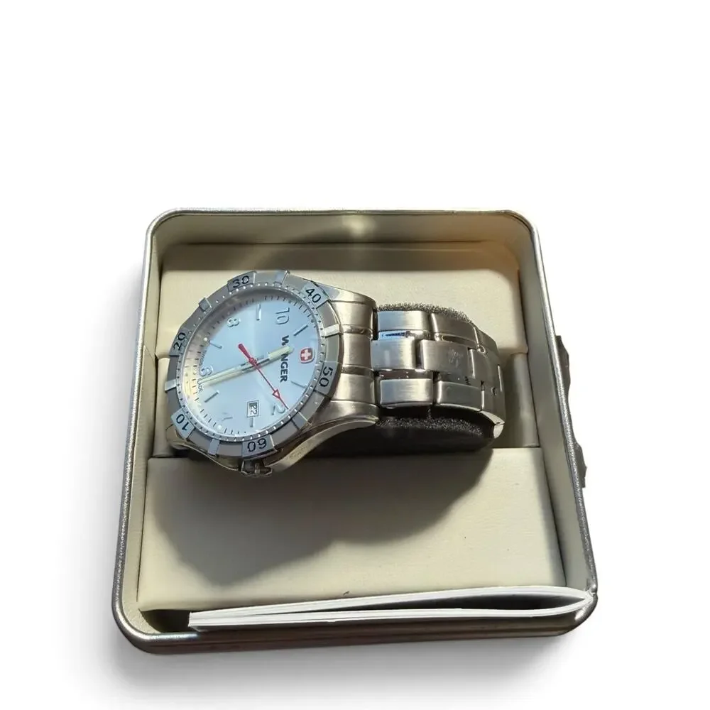 Wenger Swiss Made Men's Silver-Tone Date Display Quartz Wristwatch with Box